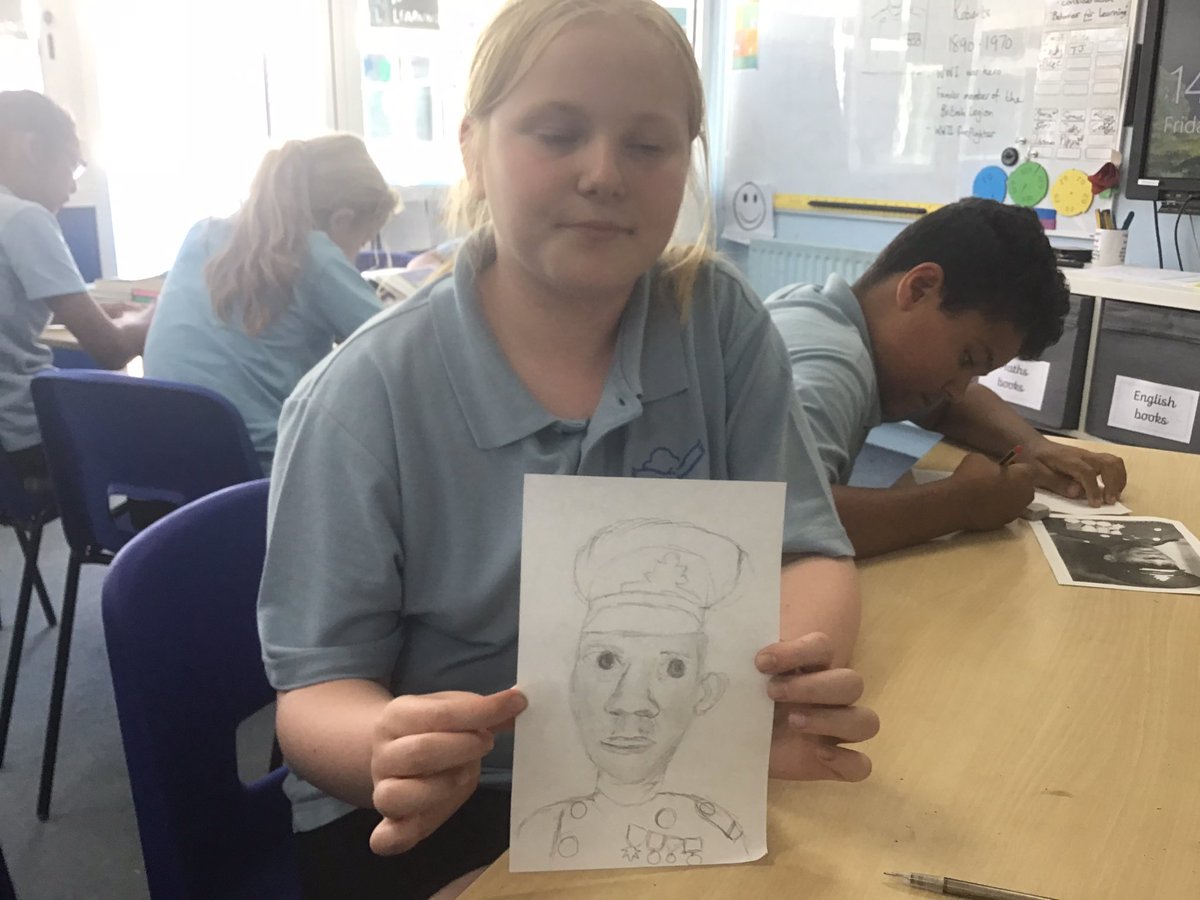 Year 6 art and history. We learned about the heroic actions of George Arthur Roberts during WWI and WWII. Year 6 then sketched his portrait. @WroxhamSchool #WroxhamArt #WroxhamHistory
