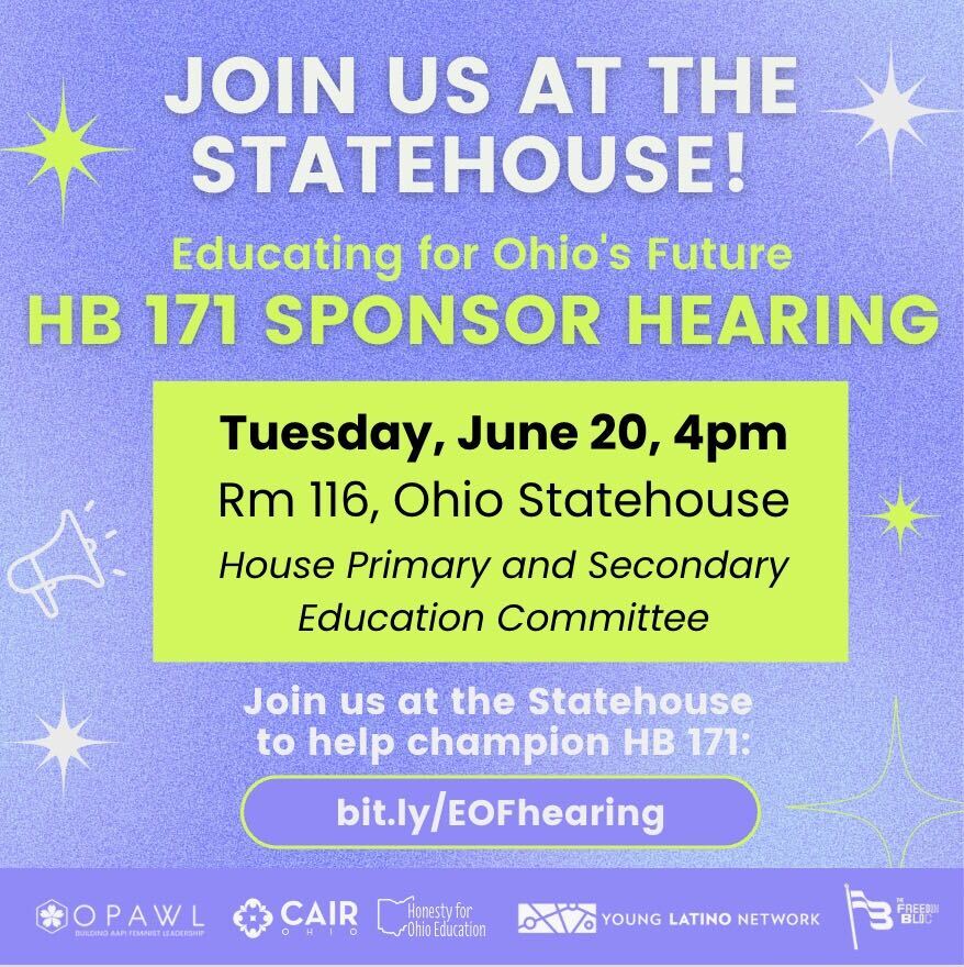 Let's pack the Statehouse on Tuesday, June 20th at 4pm in Room 116 to show support for HB171 Educating for Ohio's Future!