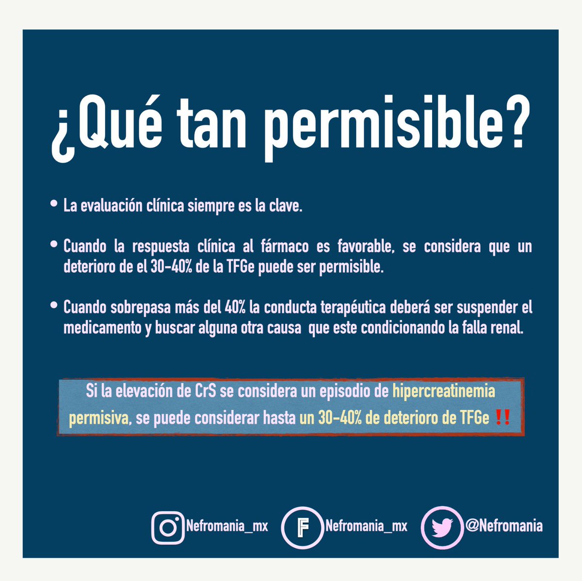nefromania's tweet photo. Si la elevación de la creatinina sérica se considera un episodio de LRA permisiva, se puede tolerar hasta un 30-40% de deterioro de TFG ✅

#nefromania #nefromaniacos #nefrologia #medicina #nephrology #medicina #AKI https://t.co/5IFZ5iHQCp