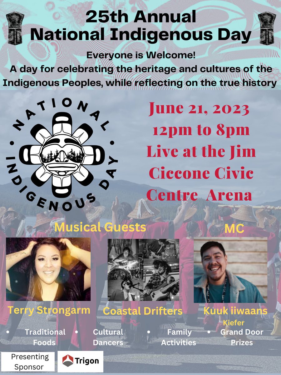 Wayi Wah!! Let’s Go!! Join us to celebrate Indigenous People’s Day at the Prince Rupert Civic Centre Arena June 21, 2023 12-8:00. #drumming #songs #wineeya #kidfun #musicaltalent #doorprizes #amazingsponsors #presentingsponsorTrigon @RupertSchools @wapsigatgyet52