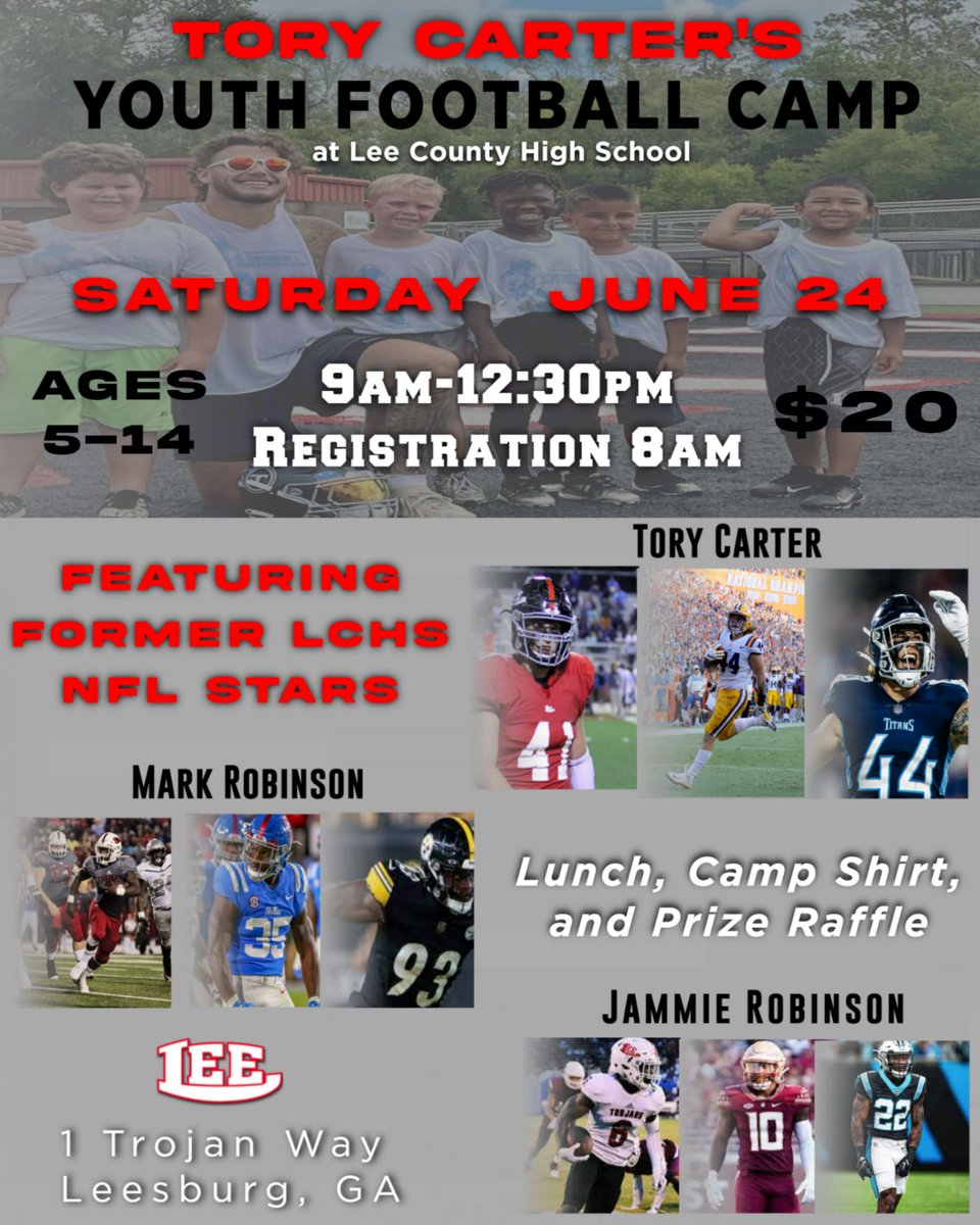 💥💥💥#NFL stars <a href="/Tory44Carter/">TORY CARTER</a>, <a href="/Primeee23/">Mark Robinson</a>, <a href="/JayRob_7/">Jay Rob</a> will be in attendance at Lee County High School Saturday 6/24/23 for Tory Carter's Youth Camp.  Come out and be apart of this great event! #Real229💥💥💥