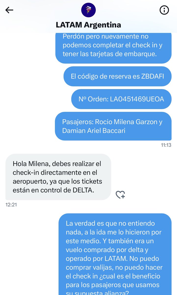 MileGarzon07's tweet photo. @LATAM_ARG y @Delta nuevamente no se ponen de acuerdo para poder dar respuesta a los pasajeros y se tiran la pelota entre ellos.
A la ida nos pudieron hacer el check in desde Twitter a la vuelta mágicamente no. https://t.co/SotmJZIMTp