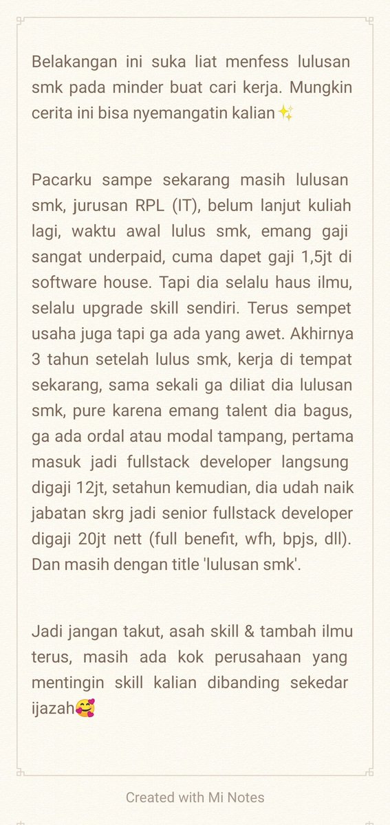 Work! Cerita tengah malem yang mungkin bisa nyemangatin untuk semua jobseeker/ngerasa karir stuck, khususnya buat yang 'lulusan smk aja', akan ada waktunya kalian 'blooming' kok, semangat yaa🫶