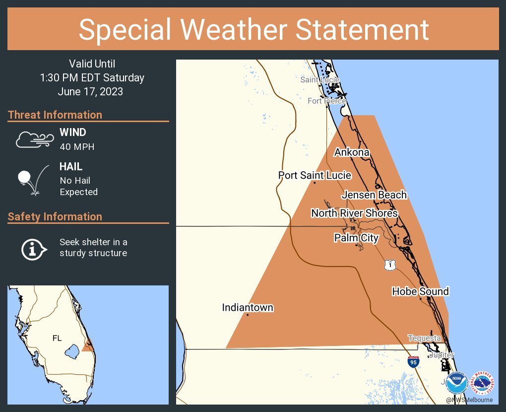 NWSMelbourne's tweet photo. A special weather statement has been issued for Port Saint Lucie FL, Palm City FL and  Stuart FL until 1:30 PM EDT https://t.co/aBhNo4Ro6Y