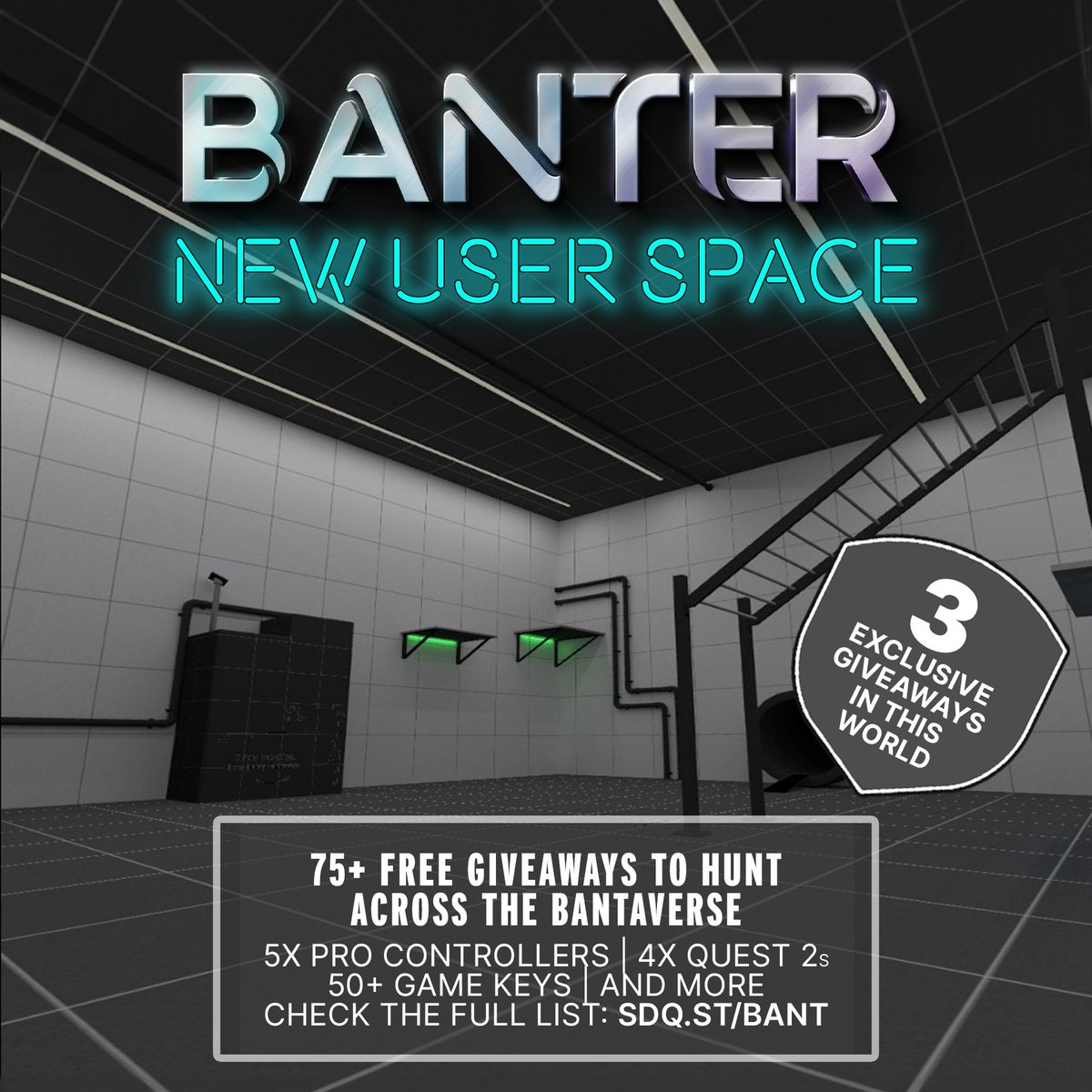 This one is for the newbies! (...and the OG's 😉) Take a dive into the New Users World for the opportunity to win fantastic prizes🎁

Find the [CLICKS ME]'s and connect with a community of fellow VR adventurers. Join us today and let the journey begin!

#BanterVR #FreeGiveaways