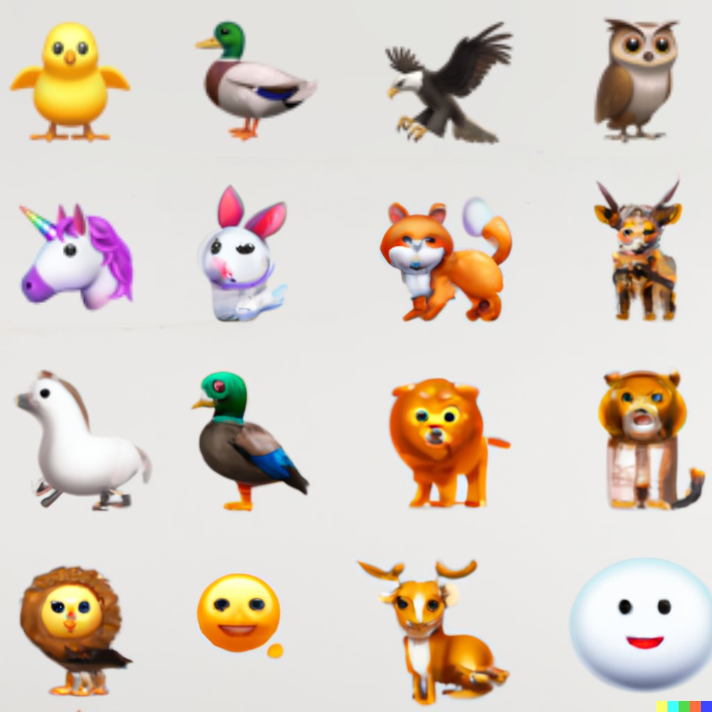 Thanks to DALL-E's image completion feature we have new never-before-released animal emoji to enjoy.

Featuring such species as "all comb chicken" and "mushroom deer" and "shopping owl-penguin" and also "cyclops penguin will fight you."

aiweirdness.com/the-emoji-of-t…