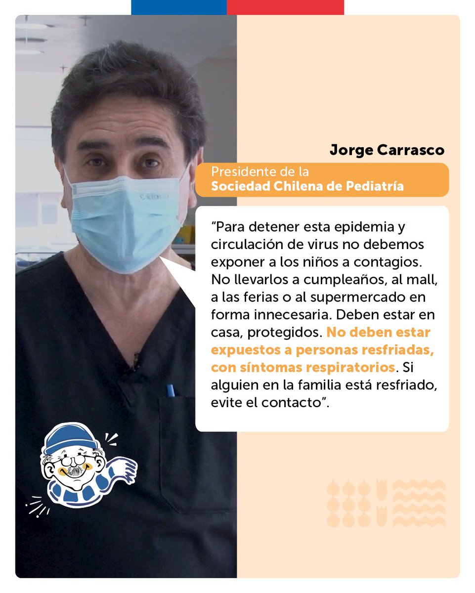 El Dr. Jorge Carrasco, Presidente de @sochipe, entrega recomendaciones para detener la circulación viral en niños y niñas😷

Si eres madre, padre o cuidador evita lugares con aglomeraciones como:

➡️Centros comerciales
➡️Cumpleaños
➡️Ferias libres
➡️Supermercados