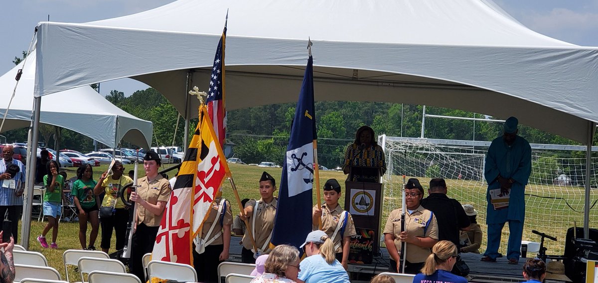 Great Mills High School ROTC presenting colors at the UCAC Juneteenth Celebration in Lancaster Park.  All are Welcome, Noon - 6:30 PM