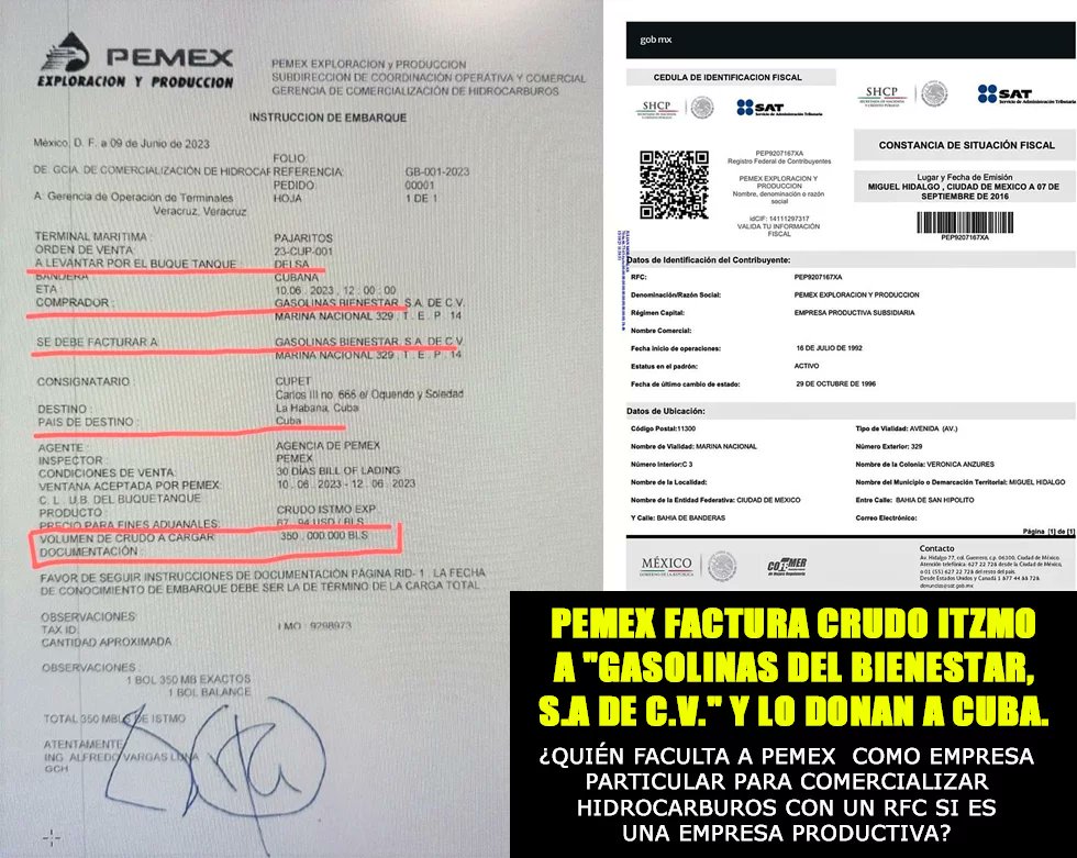 Denuncia al 9933989844… Hay más datos sobre la filtración de documentos en los que @Pemex factura crudo a Gasolinas del Bienestar y lo mandan a Cuba, que pudiera tipificarse como “un millonario desvío de combustible en forma de donación” por el @GobiernoMX  desde el puerto de…