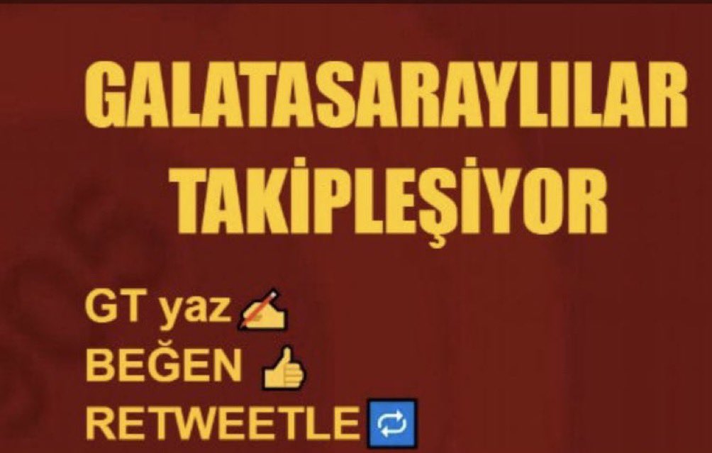 Sosyal medya da daha güçlü bir Galatasaray kitlesi için Takipleşme Tweeti

✅GT yazıp Beğenen tüm GS taraftarları karşılıklı takipleşiyor!

✅Tüm taraftarlarımızın görmesi için lütfen RT yapalım 💛❤️   GT Vardır 💛❤️

#GALATASARAYlılarTakiplesiyor
#Takipçi