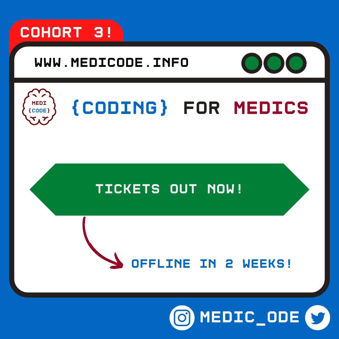 medic_ode's tweet photo. ⏰ Tickets out now! Deadline 1 July 6pm!

📆 COURSE DATE: 3rd - 14th July 2023

💻 Coding for Medics Cohort 3: learn the fundamentals of Python, set within the medical context!

💸 Ticket price: £55

7-8 online sessions, all recorded!

#python #medtech #nhs https://t.co/e9iDjReqGv
