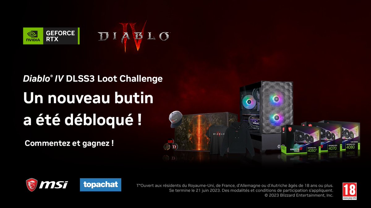 msifrance's tweet photo. Dernière ligne droite du @NVIDIAGeForceFR Loot Challenge #DiabloIV avec des CGs, PC et items collectors à gagner !
Pour participer rien de plus simple
> on commente: #DiabloDLSS3 + #MSIxDiabloIV
> on RT
> on croise les doigts fort

TAS le 21 Juin ➡ https://t.co/zRFgFs1WYG https://t.co/Sqy8trslYH