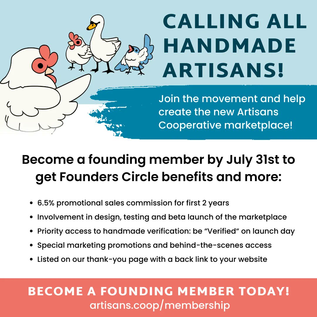 Do you know about our Founder's Circle? Members who join in full by July 31st get some wonderful benefits! Join us in the Founder's Circle: artisans.coop/membership

#HandmadeMarketplace #EtsyAlternatives #Cooperatives #Handmade