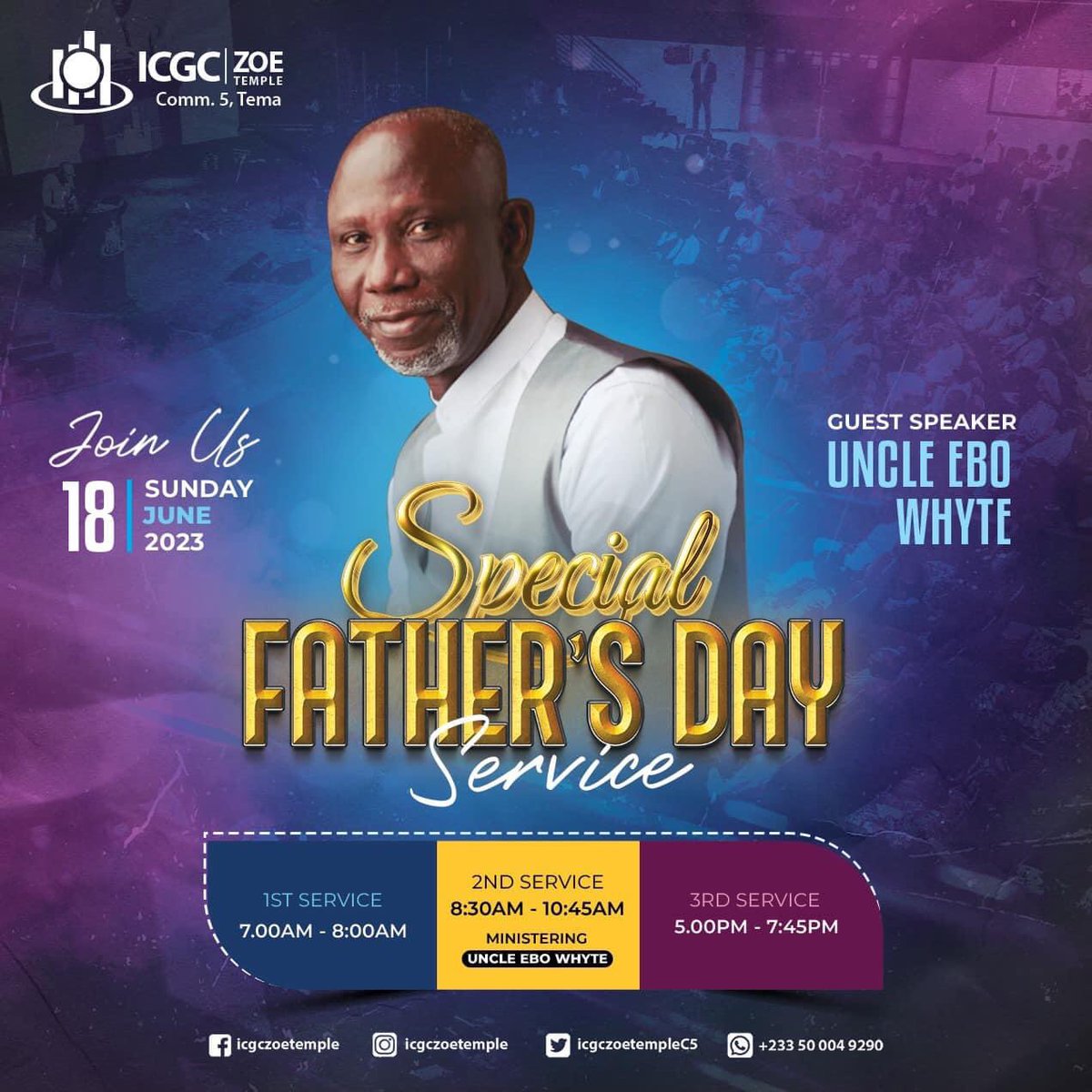 icgczoetempleC5's tweet photo. SPECIAL FATHER’S DAY SERVICE WITH UNCLE EBO WHYTE

It’s our great pleasure to invite you and your family to join us this Sunday, as we gather together for uplifting worship and celebrating our Fathers during this special Service.
#ICGCZoeTemple
#ZoeMen'sMinistry https://t.co/5Ejcc1oXHf
