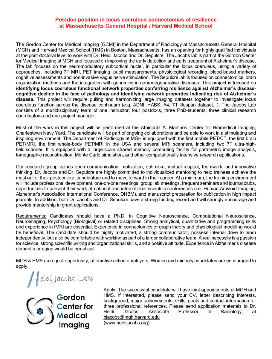 Looking for a postdoc position on an exciting #locuscoeruleus functional networks project in Alzheimer's disease? Come join our lab at MGH, we love to tackle scientific challenges, have good food and fun! (preferred start date: fall/winter 2023, negotiable)