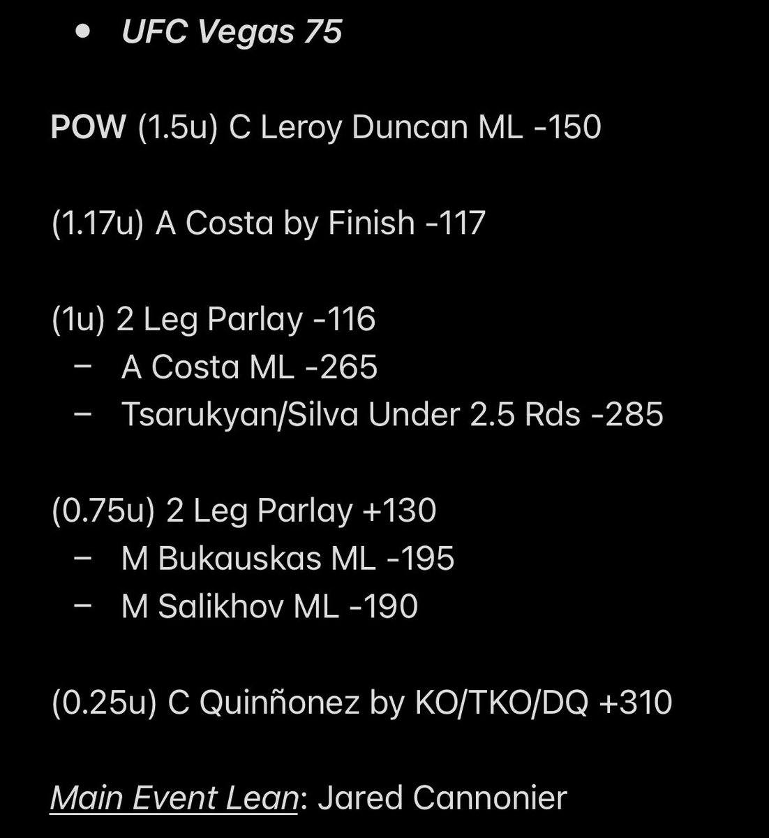 UFC Vegas 75 Full Card 🥊

The UFC is back at the Apex with a solid fight night card full of exciting matchups 🔥 I’m hoping for tons of finishes to make up for the lack there of last weekend 🤞🏻🎰

Show some ❤️ if tailing

#GamblingTwitter #UFCVegas75 #MMA #MMATwitter #FreePicks