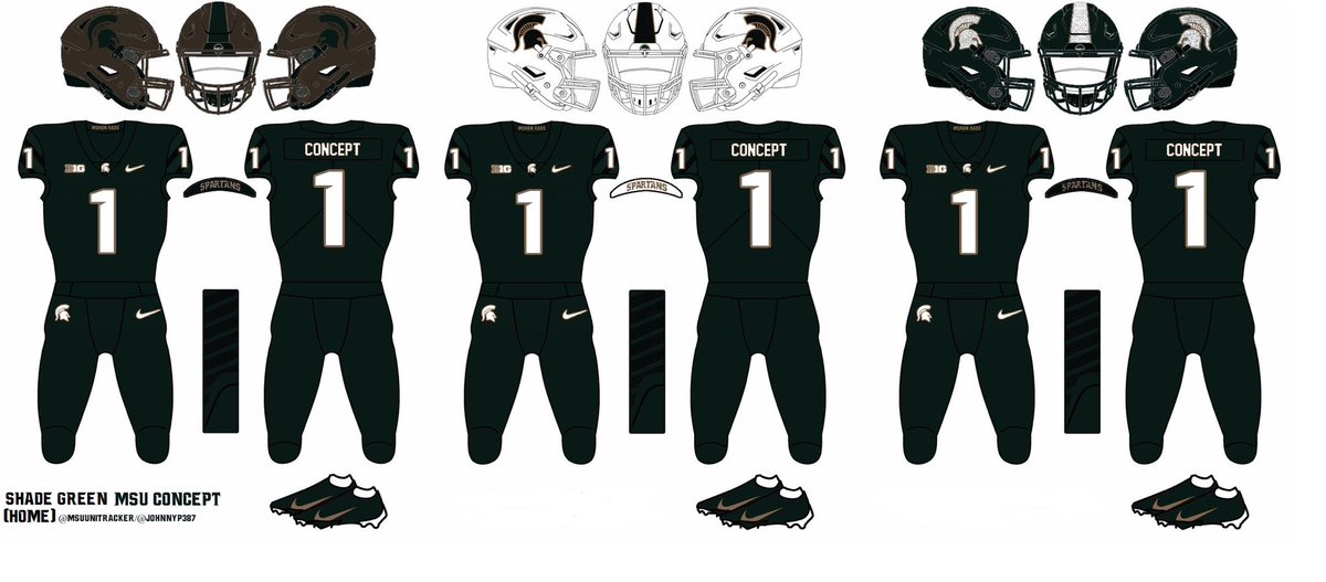 JohnnyP387's tweet photo. Michigan State Football “Shade Green” alternative uniform concept shown with 3 corresponding concept helmets.
Made in collaboration with @MSUUniTracker !
#BringBackBronze https://t.co/jf5EyaleGR