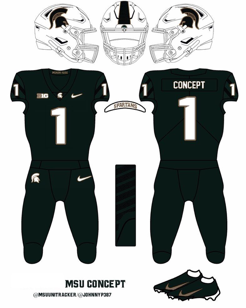 JohnnyP387's tweet photo. Michigan State Football “Shade Green” alternative uniform concept shown with 3 corresponding concept helmets.
Made in collaboration with @MSUUniTracker !
#BringBackBronze https://t.co/jf5EyaleGR