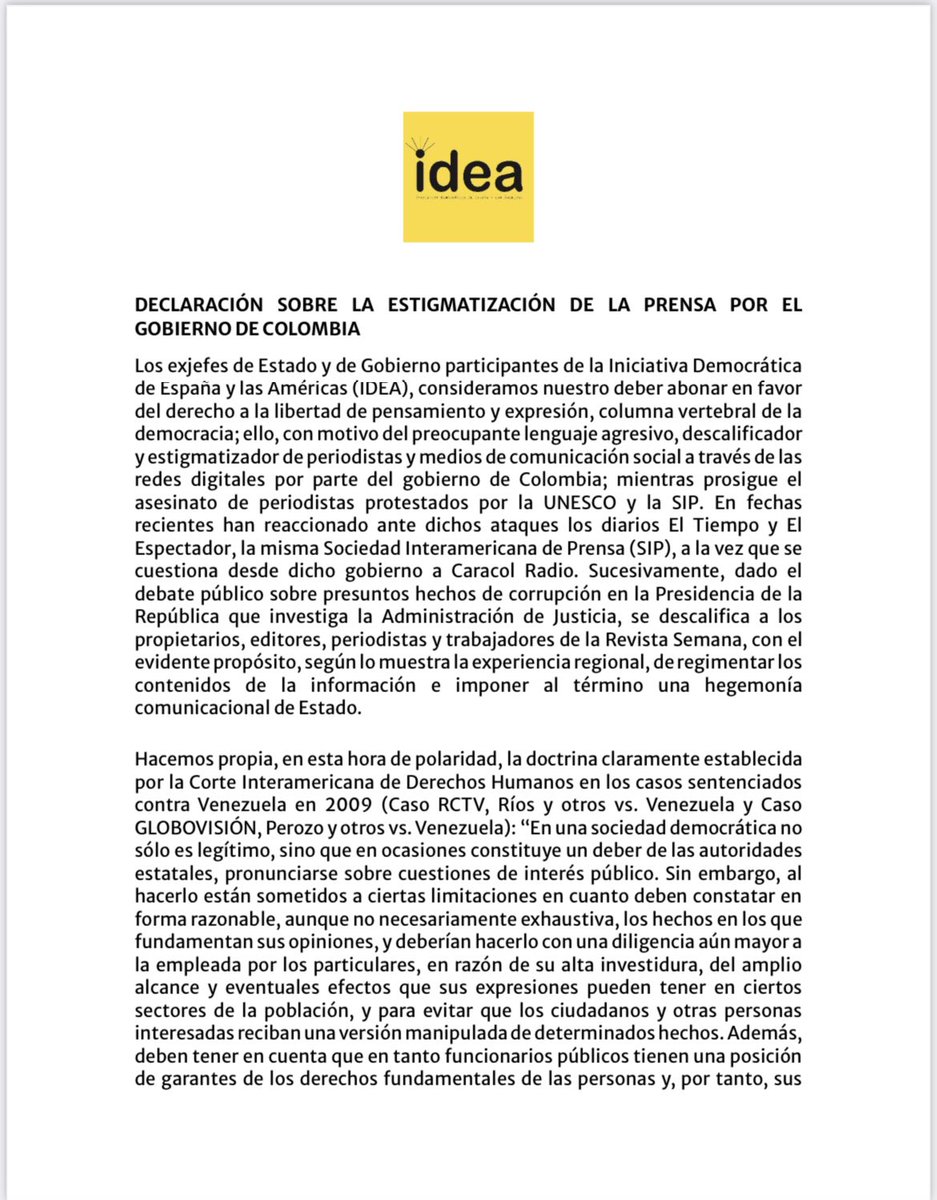 IvanDuque's tweet photo. Exjefes de Estado y de Gobierno de la Iniciativa Democrática de España y las Américas (IDEA) expresamos preocupación por el lenguaje agresivo, descalificador y estigmatizador contra periodistas y medios de comunicación social a través de las redes digitales por parte del Gobierno de Colombia.
 
Desde @IDEA_Grupo consideramos nuestro deber abonar en favor del derecho a la libertad de pensamiento y expresión, columna vertebral de la Democracia.