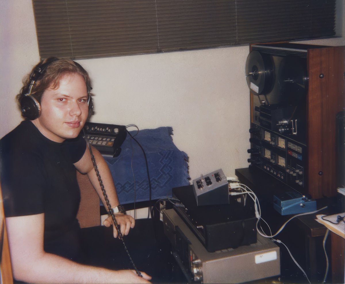 tophersimmons's tweet photo. Rare photo of me recording/mixing down my early electronic music to tape in 1983 (!). Teac A3340s. Making the beats bruh! (LOL). Can you spot the Korg KPR77? #ChristopherSimmons #TEAC #electronicmusic  #ChristopherSimmons  #BLUETOY #80smusic #MIDIdinosaur https://t.co/7oREuTwXPP