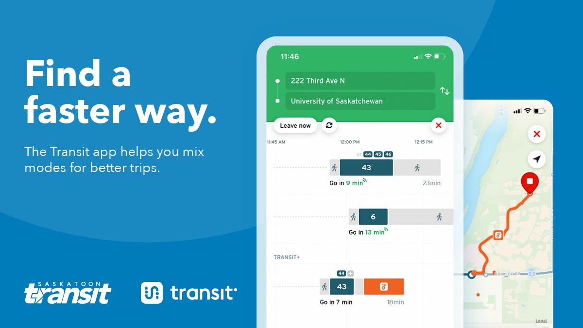 cityofsaskatoon's tweet image. 🚏 🚌 So many ways to get around. What's the fastest + cheapest? Plug your trip details into @transitapp to see if there are other modes (like eScooters 🛴) that can speed up your trip on public transit. 
#TransitApp #YXETransit