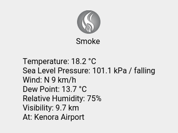 wc_kenora's tweet photo. Sat 17:00: Smoke; Temp 18.2 C; Humidity 75%; Press 101.1 kPa / falling. https://t.co/0hwjjLs8uZ