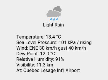 Sat 18:00: Light Rain; Temp 13.4 C; Wind ENE 30 km/h gust 40 km/h; Humidity 91%; Press 101 kPa / rising.