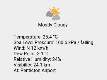 Sat 15:00: Mostly Cloudy; Temp 25.4 C; Wind N 12 km/h; Humidity 24%; Press 100.6 kPa / falling.