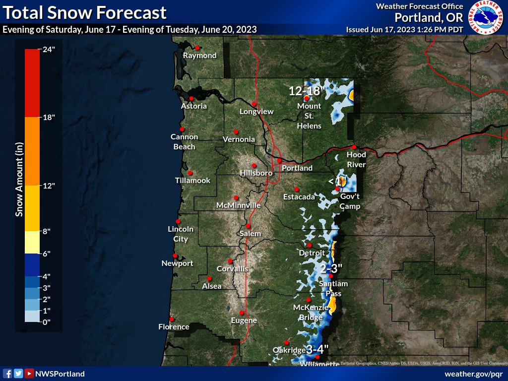 Along with cool temperatures, wet weather returns to NW Oregon &amp; SW Washington late tonight - Tuesday night. Expect periods of scattered rain showers as well as snow showers in the Cascades above 4500 ft. There's also a 10-20% chance of thunderstorms each day. #ORwx #WAwx
