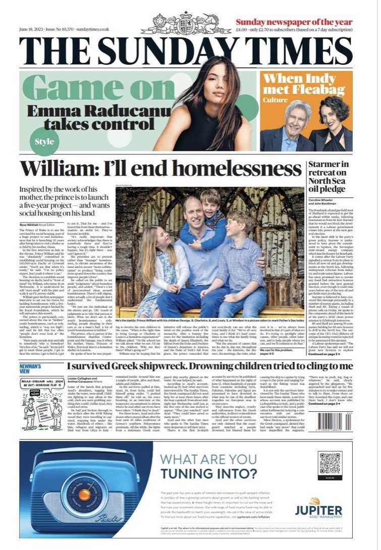 SkyRhiannon's tweet photo. Interesting how many papers have used the Father’s Day photo of Prince William &amp; not a picture from #TroopingtheColour Can’t imagine it’ll go down well in certain parts of the palace especially with the homelessness story getting more front page coverage than the Kings big day https://t.co/jkMEiykwy8
