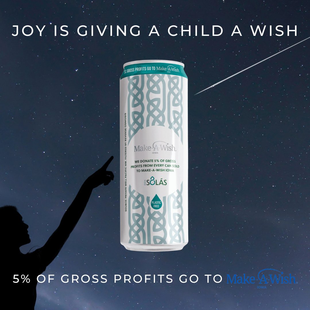 SolasH2O's tweet photo. When creating #solash2o, we knew we wanted to find a way to give back to our community. Our partnership with @MakeAWish_Iowa is a small way we can give back to the children by donating 5% of gross profits from each can purchase. Learn more at https://t.co/2LEw6wRkgM https://t.co/mazS165BRp