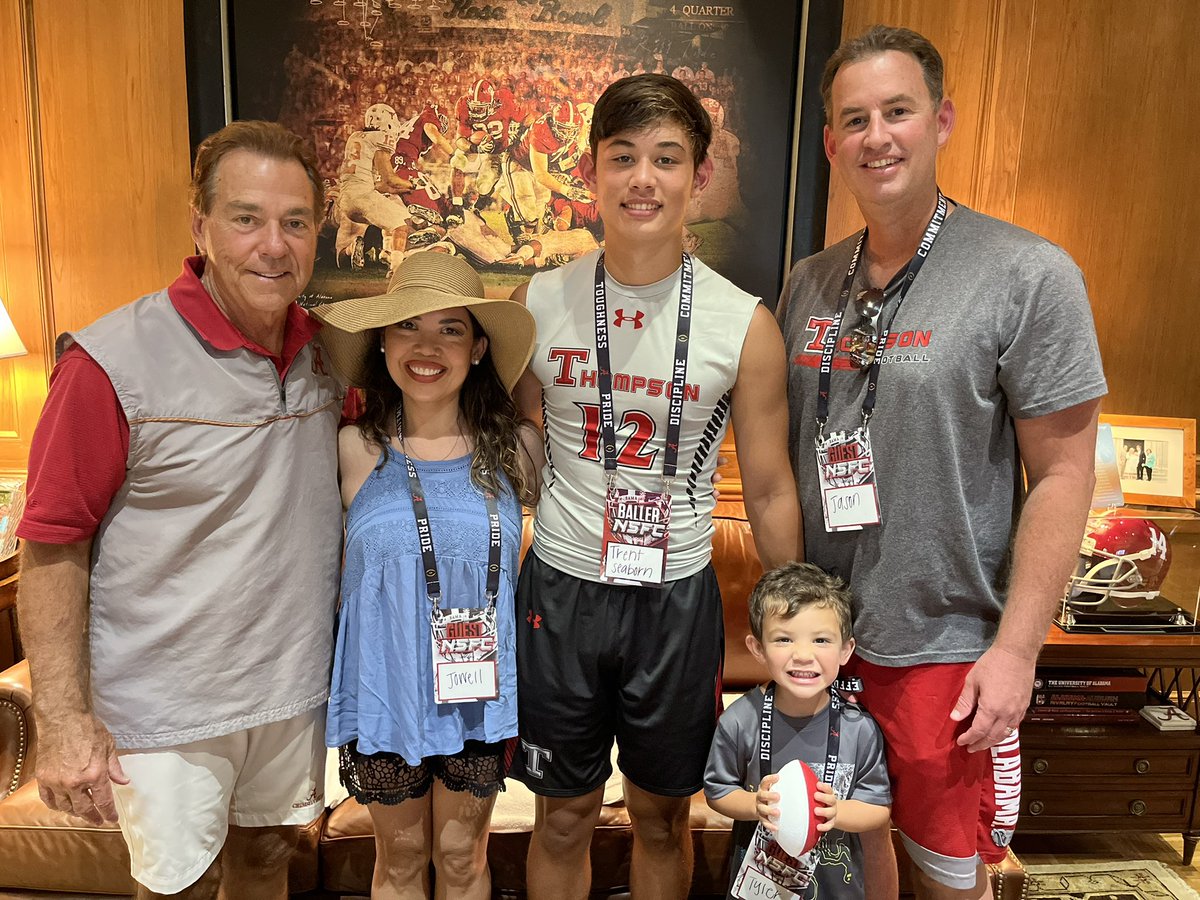TrentSeaborn's tweet photo. Our @WARRIORNATION20 team went undefeated at @AlabamaFTBL 7v7 and won the ‘ship 🏆and after a great talk with Coach Saban, I am so grateful to have earned a scholarship offer to Alabama! ALL GLORY TO GOD #RollTide #OutworkemAll @coachmarkf @RecruitWarriors @Champs_LLC @QBHitList @AL7AFootball @HallTechSports1 @AlecEtheredgeSC @BenThomasPreps @andrewjbone
@clintrlamb @tdalabamamag @jdsmith31smith @bama247 @gregbiggins @TiderInsider @RTRNews  @codygoodwin @mikerodak @adamgorney @RyanWrightRNG @rustymansell_ @rivalsfriedman @chadsimmons_ @jeremyO_Johnson
@rivalscole @chadsimmons_