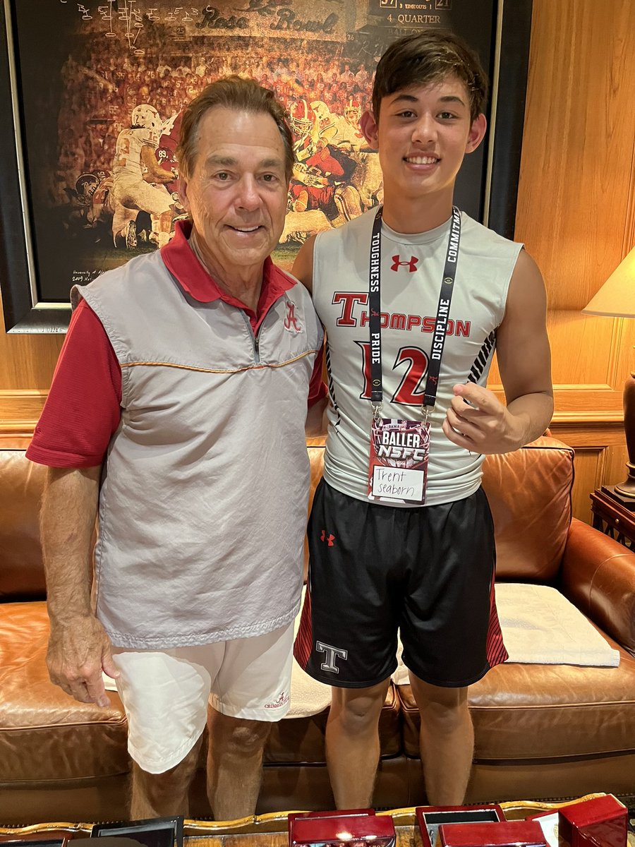 TrentSeaborn's tweet photo. Our @WARRIORNATION20 team went undefeated at @AlabamaFTBL 7v7 and won the ‘ship 🏆and after a great talk with Coach Saban, I am so grateful to have earned a scholarship offer to Alabama! ALL GLORY TO GOD #RollTide #OutworkemAll @coachmarkf @RecruitWarriors @Champs_LLC @QBHitList @AL7AFootball @HallTechSports1 @AlecEtheredgeSC @BenThomasPreps @andrewjbone
@clintrlamb @tdalabamamag @jdsmith31smith @bama247 @gregbiggins @TiderInsider @RTRNews  @codygoodwin @mikerodak @adamgorney @RyanWrightRNG @rustymansell_ @rivalsfriedman @chadsimmons_ @jeremyO_Johnson
@rivalscole @chadsimmons_
