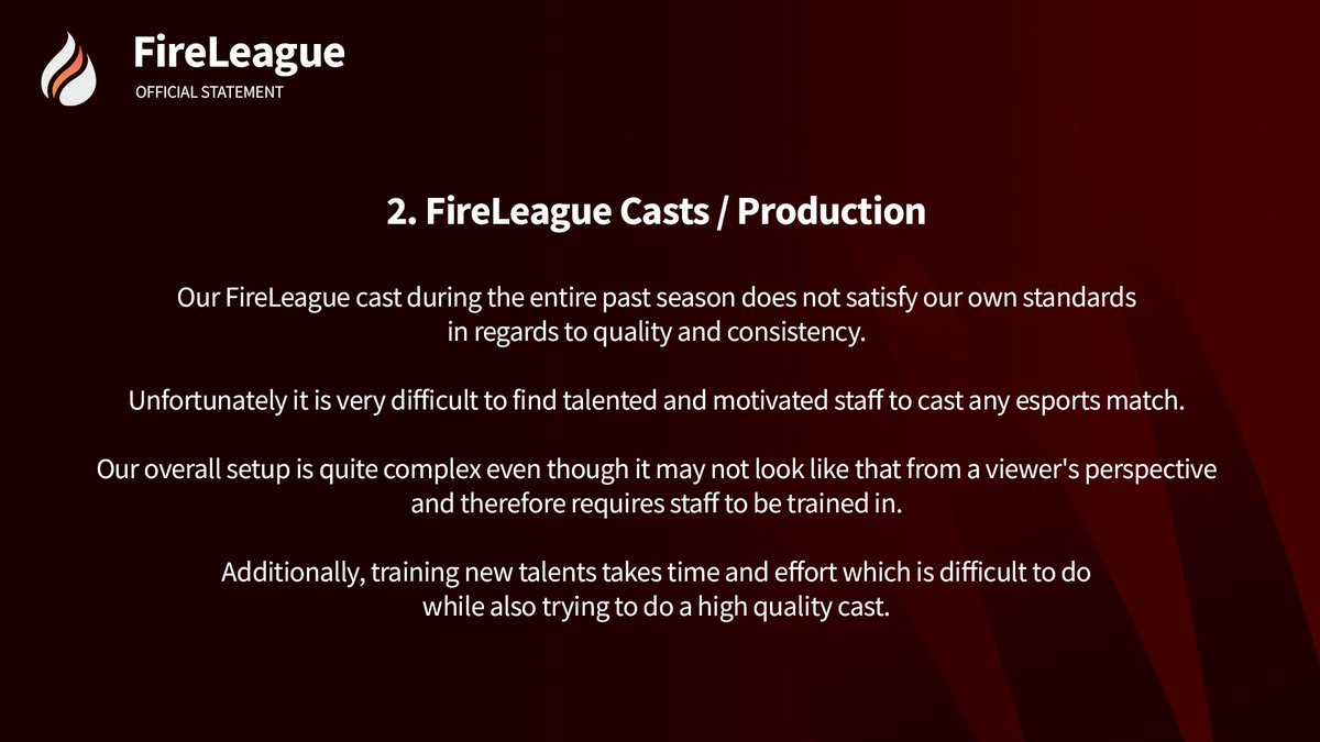 FireLeague teams, players and viewers,
following the events that happened at our playoffs, we would like to inform you about what happened (from our perspective) and also talk about the future of our FireLeague.
(Tweet 1/2)