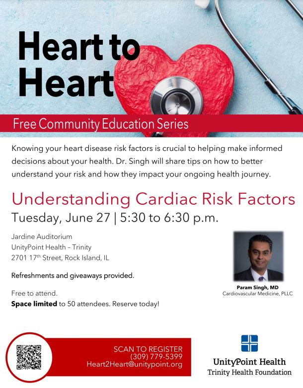 Join Dr. Singh on Tuesday, June 27th to learn more about cardiac risk factors! Be sure to sign up because spots are limited!!