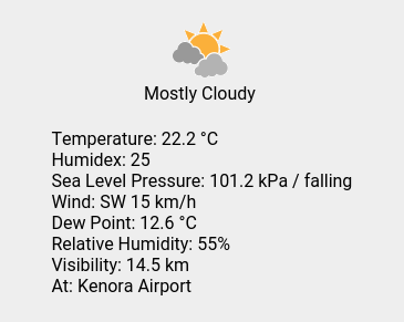wc_kenora's tweet photo. Sat 13:00: Mostly Cloudy; Temp 22.2 C; Humidex 25; Wind SW 15 km/h; Humidity 55%; Press 101.2 kPa / falling. https://t.co/sUueivnebf