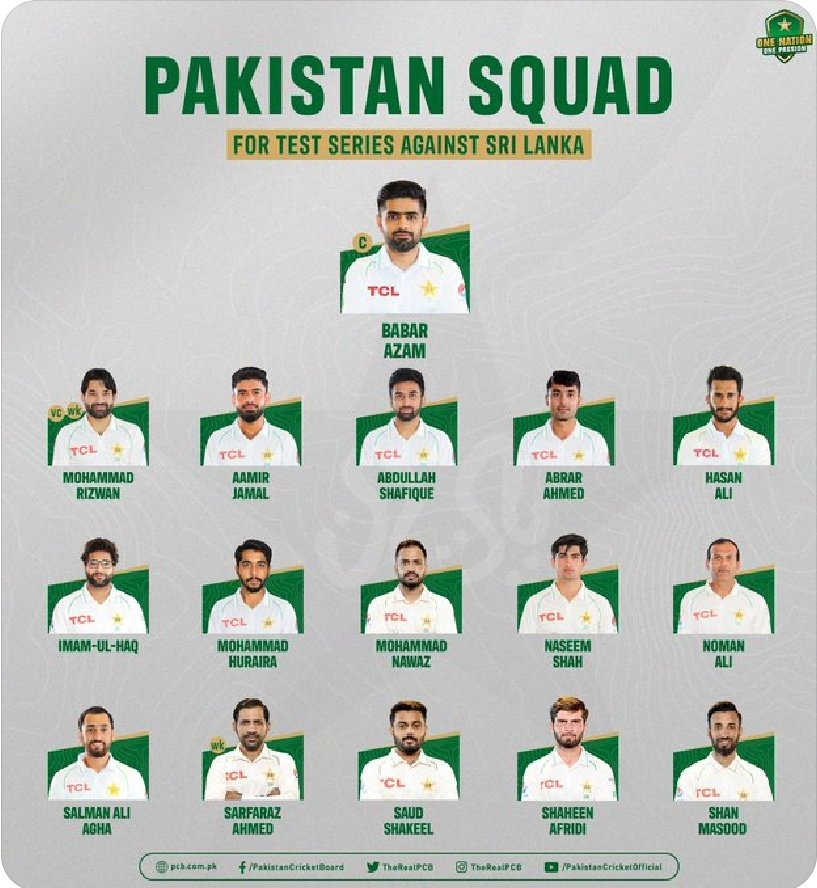 aesthetic_1129's tweet photo. @BajwaKehtaHaii Spreading false information for 2 mins fame. This is actual squad for Pak vs SL tests. Pakistani team is incomplete without King Babar Azam. https://t.co/ZYNPEMIKIA