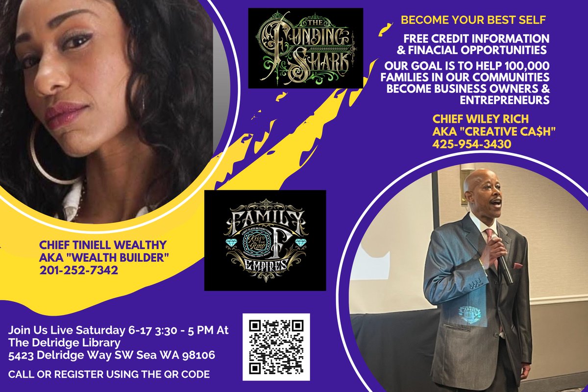 FREE Credit Restoration & Financial Opportunities Saturday 6-17-23 live at the Delridge Library in Seattle 3:30 PM till 5 PM PST.
 425-954-3430 or scan QR code to register now!
#seattle #seattlelife #seattlewashington #seattlewa #westseattle #tacoma #tacomawashington #tacomawa