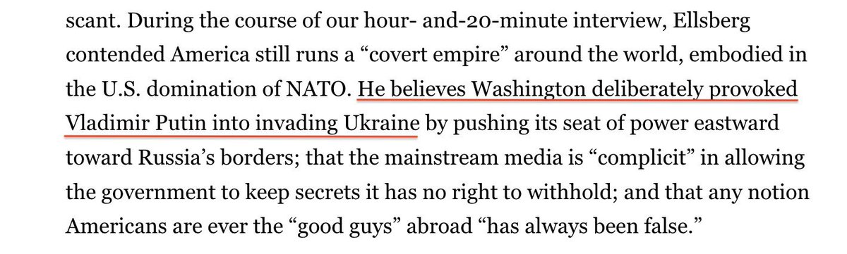 El legendario periodista #DanielEllsberg en su ultima entrevista dijo que Estados Unidos 🇺🇸 deliberadamente provocó a Putin y Rusia 🇷🇺 para que invadiera a Ucrania.