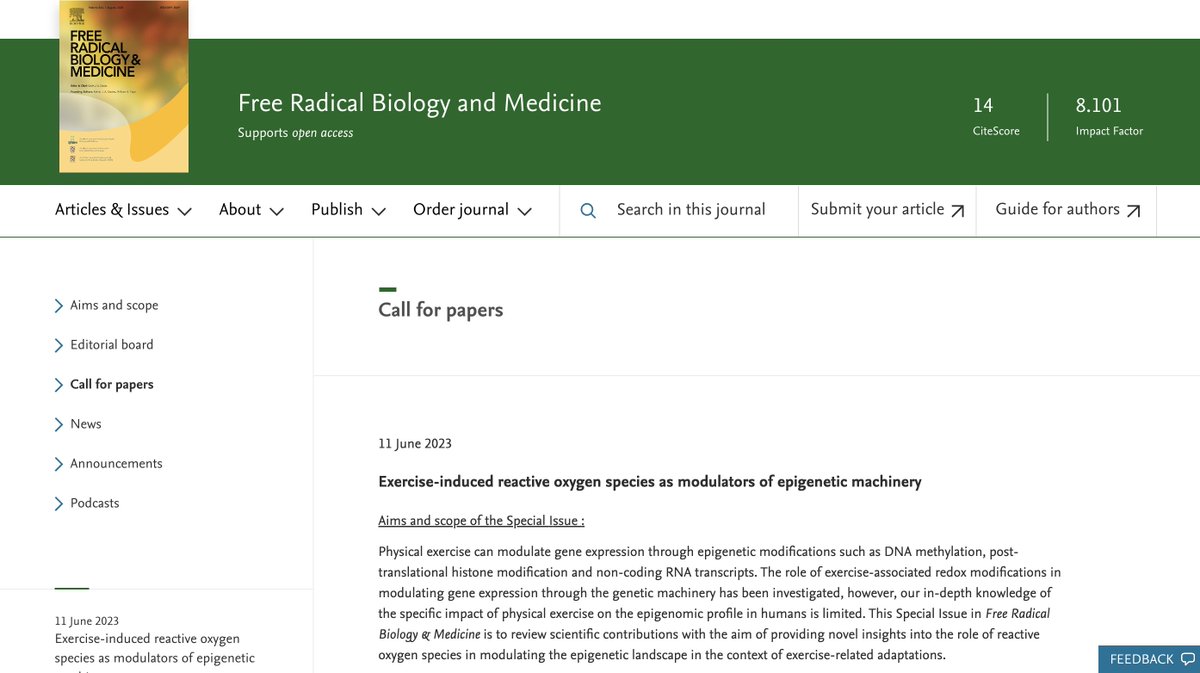 FRBM Call for papers Special Issue ‘Exercise-induced reactive oxygen species as modulators of epigenetic machinery’

sciencedirect.com/journal/free-r…