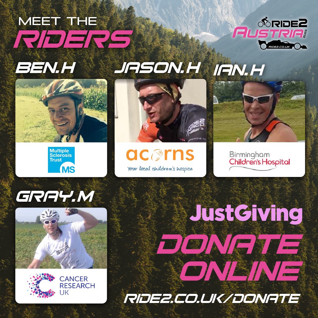 And the final 4 #riders taking on #ride2austria!

Ben H supporting the <a href="/MSTrust/">MSTrust</a> 

Jason H Supporting <a href="/AcornsHospice/">Acorns Children's Hospice</a> 

Ian H Supporting <a href="/Bham_Childrens/">Bham Children's Hosp 💙</a> 

Graham M Supporting <a href="/CR_UK/">Cancer Research UK</a> 

Donate to Ben, Jason, Ian &amp; Graham at ride2.co.uk/donate 😊 🚴🏼‍♀️🏎🇬🇧🇦🇹

#cycling