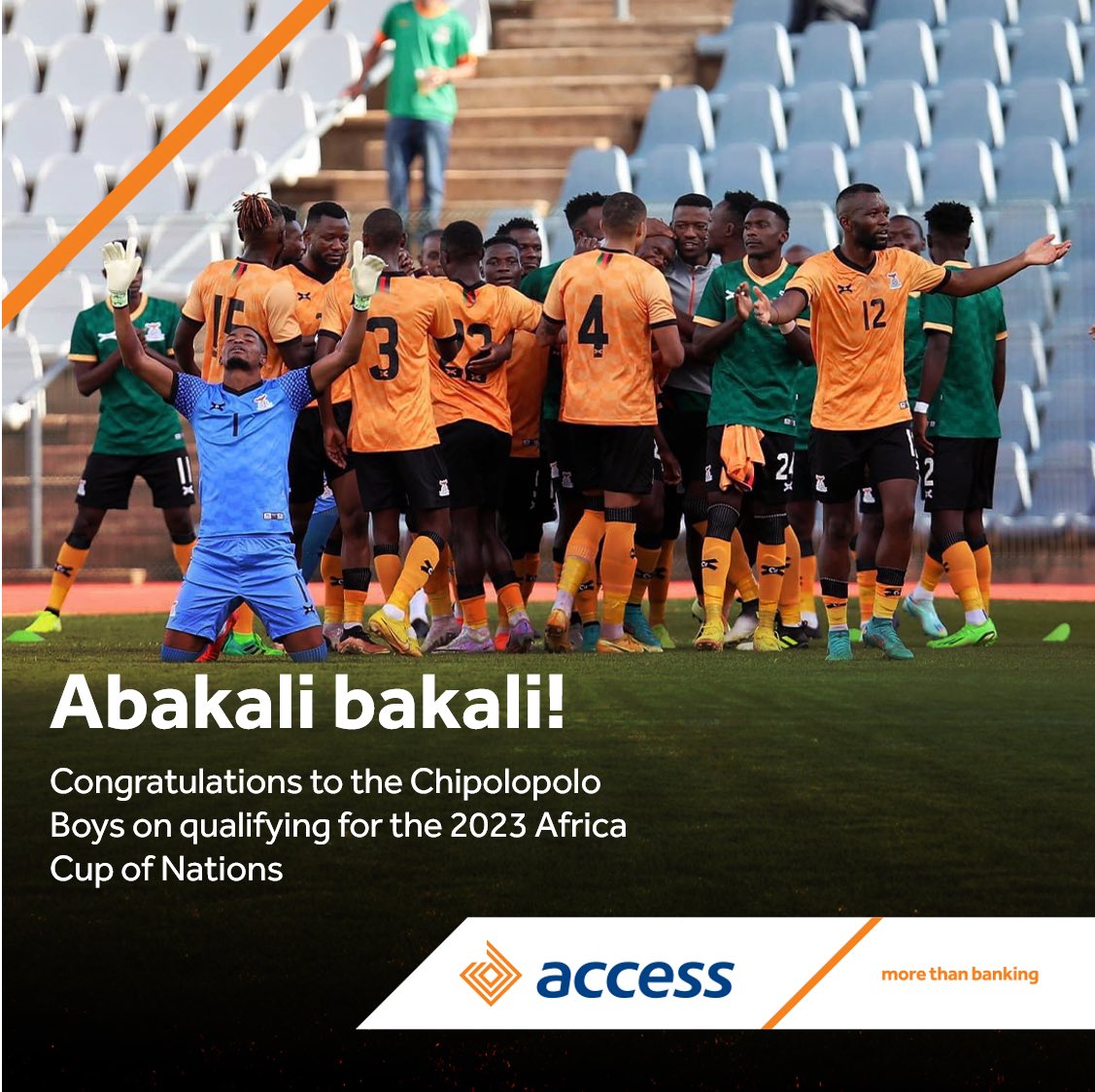 We are beyond proud of the Chipolopolo Boys for their incredible accomplishment of qualifying for the 2023 Africa Cup of Nations! Zambia is beaming with pride.

#AccessMoreProducts
#MoreThanBanking