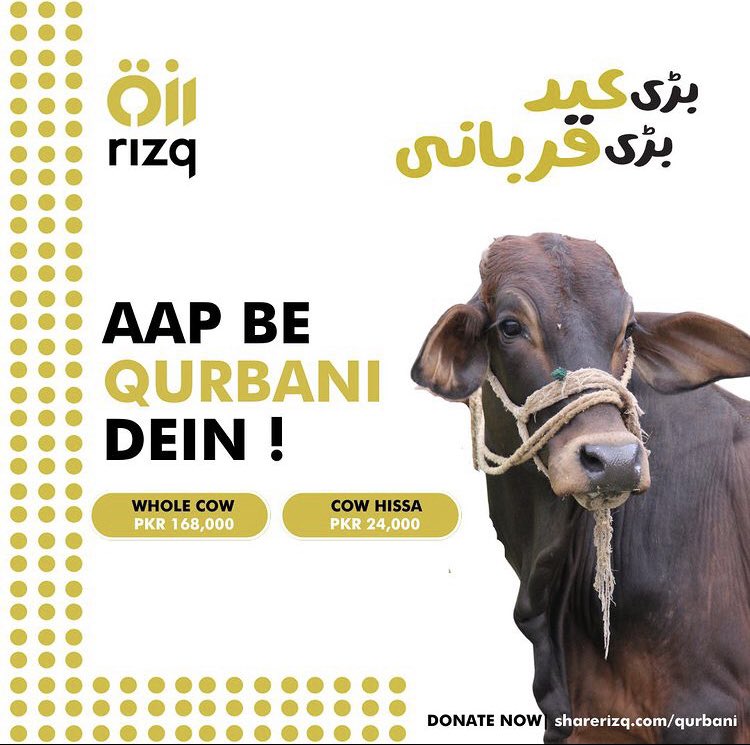 SubhanK07675277's tweet photo. Share the blessings of Eid-ul-Adha with those in need. Join Rizq's Qurbani campaign and spread love and happiness. #qurbani2023 #barieidbariqurbani https://t.co/zZDMMAArJ4