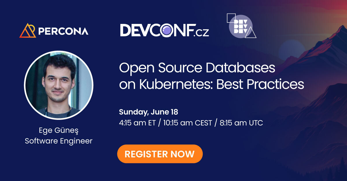 Percona's tweet photo. ๐ Unlock the potential of #OpenSource Databases on #k8s!
Attend Ege Gรผneล' talk at #DevConfCZ 2023 to discover all the best practices on topics like high availability, security, backups, and disaster recovery on June 18.
๐ https://t.co/Atbwn6ngsv https://t.co/bdFkiuiZmZ