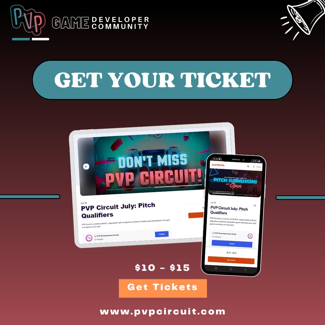 PVPcircuit's tweet photo. 🎟️ Secure your ticket to the ultimate game development experience! Join us at the PVP Circuit - July 2023 Qualifiers &amp; unleash the potential of your game concept.🚀🎮

#PVPQualifiers #GameDevEvent #PitchCompetition #PVPCircuit #GDC2023 #GameDevelopers  #indiegames #IndieGameDev https://t.co/x4hEPF931M