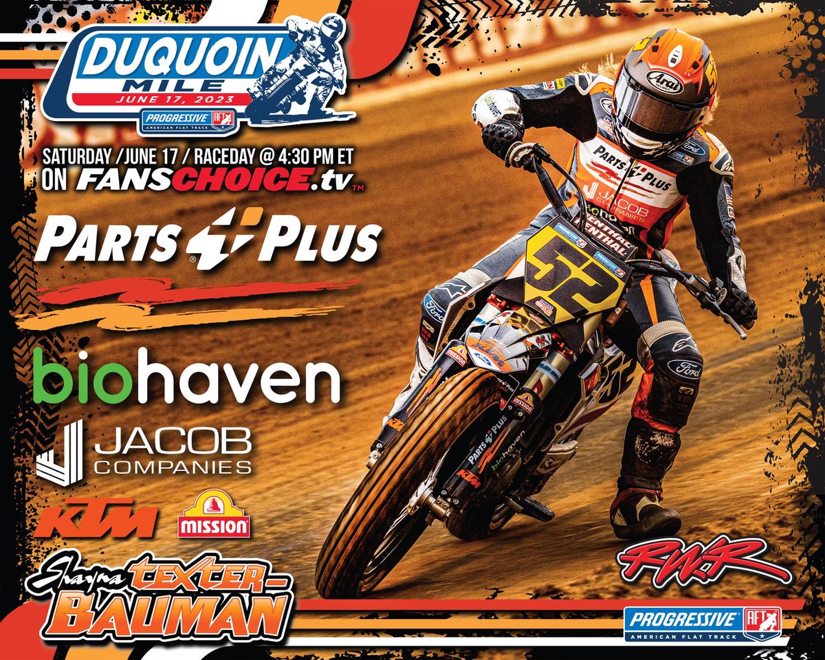 RickWareRacing's tweet image. The @AmericanFlatTrk is racing The Duquoin Mile today and here’s how to watch @shaynatexter and @briarbauman on FansChoice.tv live.
@partsplus @biohaven @Jacob_Companies @missionfoodsus   
#flattrackracing #motorcycle #motorcycleracing