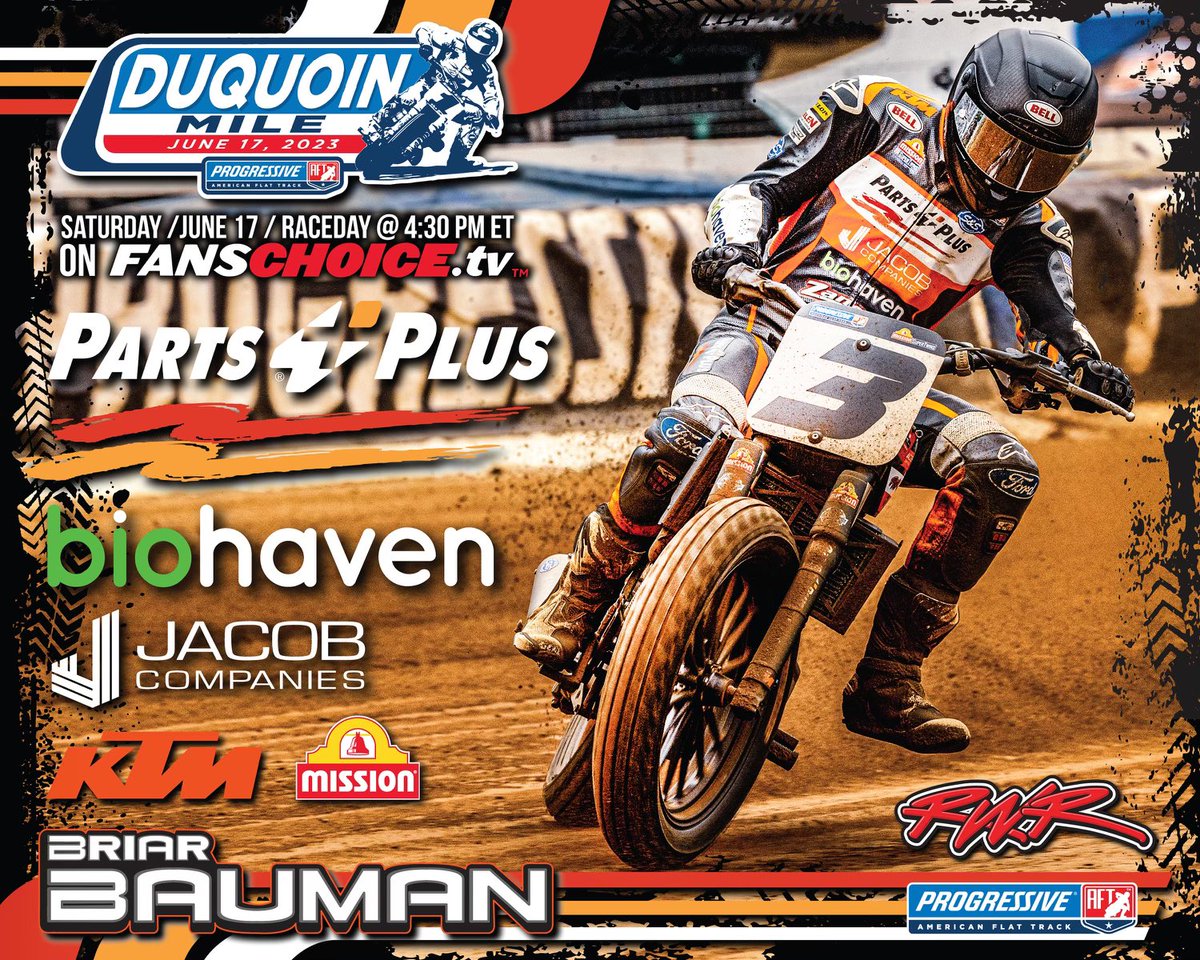 RickWareRacing's tweet image. The @AmericanFlatTrk is racing The Duquoin Mile today and here’s how to watch @shaynatexter and @briarbauman on FansChoice.tv live.
@partsplus @biohaven @Jacob_Companies @missionfoodsus   
#flattrackracing #motorcycle #motorcycleracing