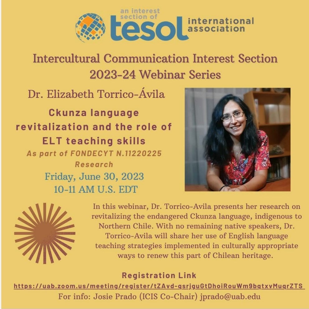 ElyChilena's tweet photo. Dear network, I am please to share a talk on #interculturality, #ckunza and #ELT I have been invited to give for #TESOL International on June 30. Hope to see you there! @min_ciencia @uestatales @CRUCH_cl @ANID_Abierta @filac_ @CONADI_Gob @Mineduc @RIEDI19 @unesco_iesalc https://t.co/LHp34w87Lg