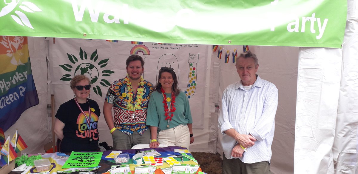 Back from a very busy and enjoyable first day at Pride Cymru.

Constant, and high, levels of engagement throughout the day at our <a href="/WalesGreenParty/">Plaid Werdd Cymru | Wales Green Party</a> stall. Strong support for our clear and positive policies on LGBTIQA+ rights.

#PrideisstillaProtest 
#PrideMonth