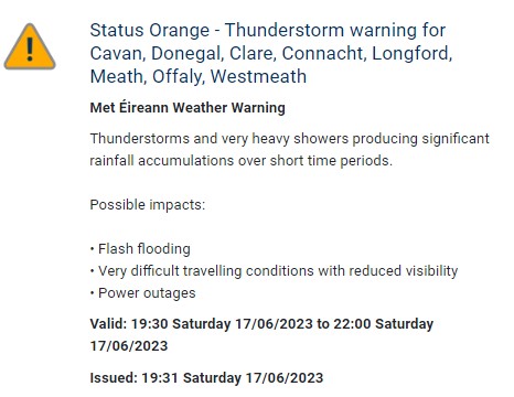 MetEireann's tweet photo. Orange #Thunderstorm Warning Updated ⚠️ ⛈️

View all warnings here 👇
https://t.co/Xg3aMJlyuS https://t.co/B8R3k4MxhL